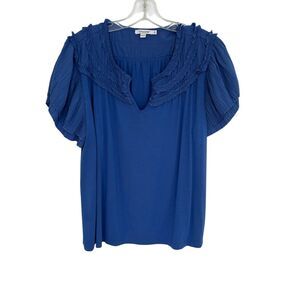Chico's Women's XL Blue Ruffle Yoke Flutter Sleeve Blouse Casual